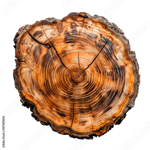 Cross section of tree trunk with warm orange wood grain, detailed growth rings isolated on transparent background.