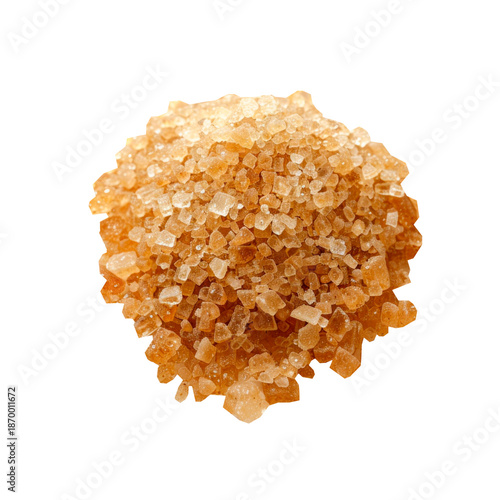 Pile of brown cane sugar crystals in realistic macro style isolated on transparent background