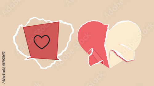 Torn Paper Heart Shapes Set with Love and Break Concept