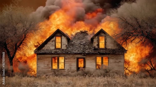 Old house on fire in the countryside near trees and dry grass