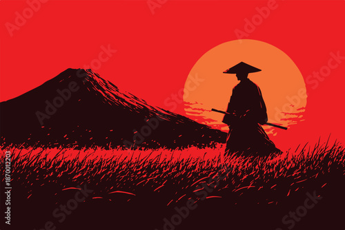 Samurai standing in sunset holding katana silhouette illustration