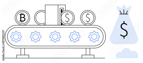 Cryptocurrency and dollar coins on a conveyor with gears moving toward a money bag. Ideal for cryptocurrency, fintech, automation, finance, digital investments, wealth growth, online banking
