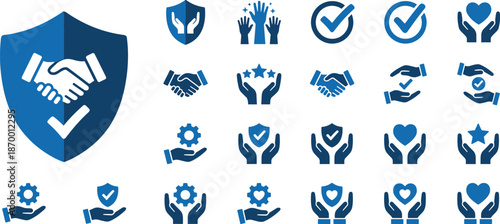 Trust and protection icons set, handshake shield checkmark symbols, security assurance partnership reliability safety care support vector illustration