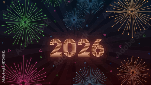 A vibrant and colorful new year s eve celebration illustration features fireworks and the year 2026 in glowing golden