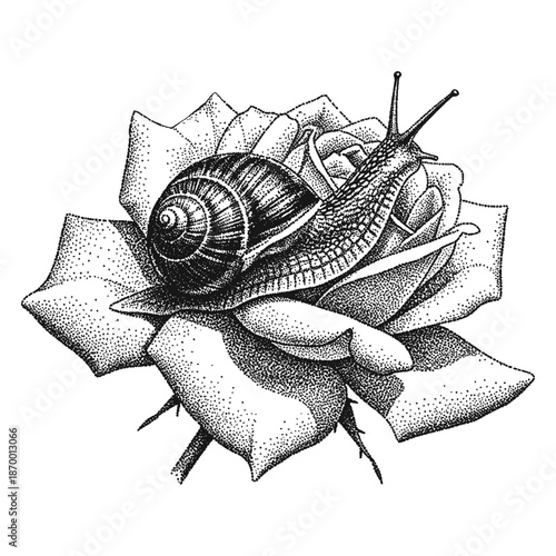 snail crawling on a rose flower in vintage halftone stipple effect style