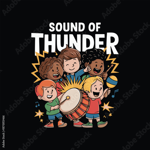 Diverse children's band playing drum and maraca with 'Sound of Thunder' text, vibrant, joyful, vector illustration