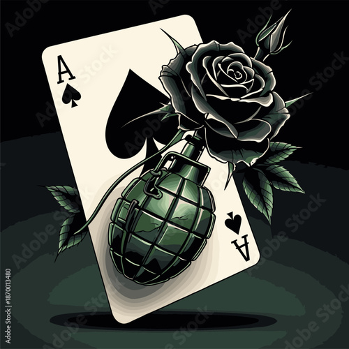 image of a grenade with an ace card background