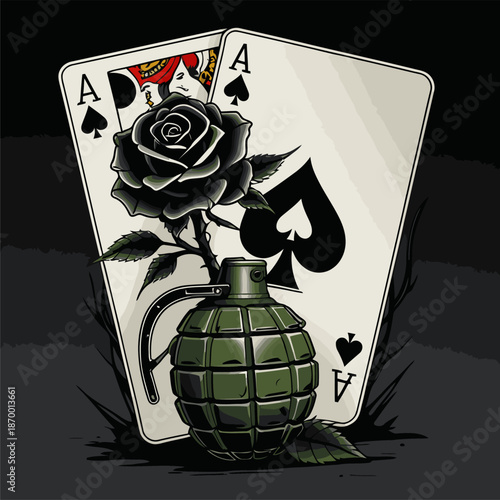 image of a grenade with an ace card background