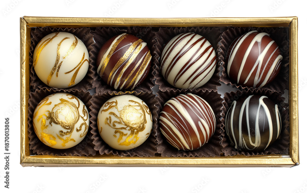 Obraz premium Close up view of elegant chocolate truffles in a box showcasing luxurious gourmet dessert and visually appealing confectionery presentation isolated on transparent background PNG
