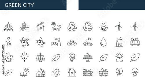 Sustainable energy and ecology line icons set, renewable technology environmental illustration collection