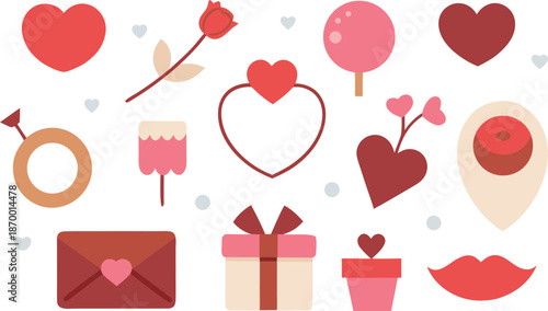 A set of romantic icons and symbols for valentine's day celebration and love concepts