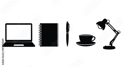 Essential black and white silhouette icons representing a modern minimalist workstation or desktop setup.