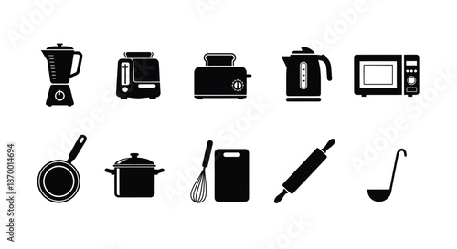 Collection of essential kitchen appliances and cooking utensils presented in black silhouette icons
