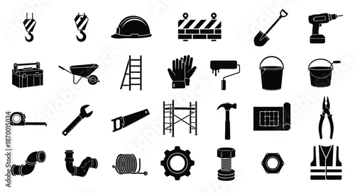 Collection of detailed black silhouette icons representing essential construction maintenance and building equipment