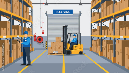 Warehouse receiving area with forklift and scanner vector illustration, logistics and inventory management