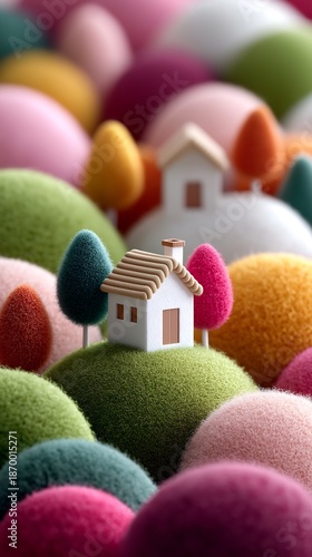 Whimsical Miniature Village with Tiny Houses and Fuzzy Abstract Hills