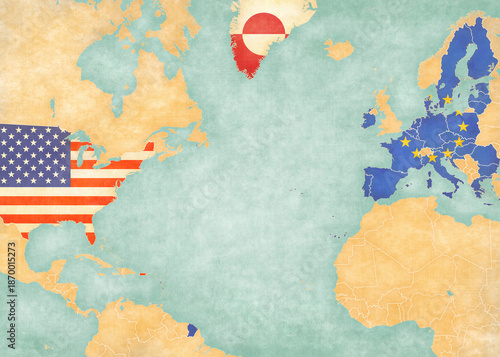Map of North Atlantic Ocean - USA, EU and Greenland
