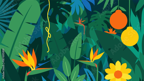 Vibrant Jungle Scene Vector Illustration Featuring Lush Green Foliage, Exotic Bird of Paradise Flowers, and Decorative Oranges
