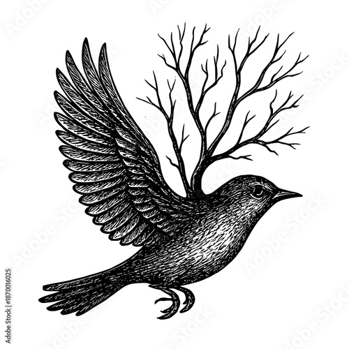Surreal bird with tree branches growing from its back in a sketch style
