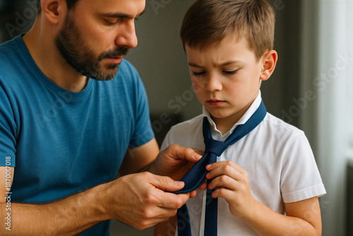 Father teaching young boy how to tie a blue tie with love and care at home