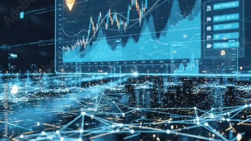 Futuristic city with glowing data streams & digital currency charts
