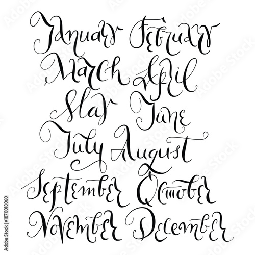 Elegant vector handwritten set of month lettering in cursive ink style, vector calligraphy illustrations perfect for planners and calendars. Year on the white background