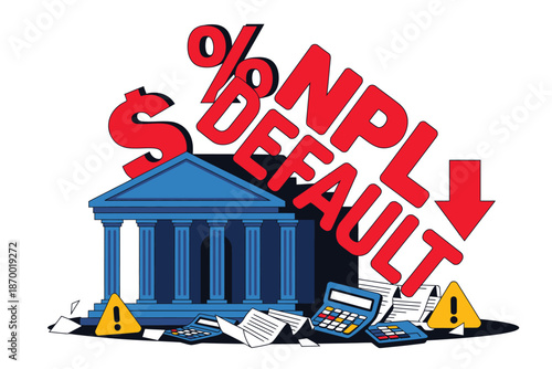Financial crisis illustration showing bank building with default, NPL.