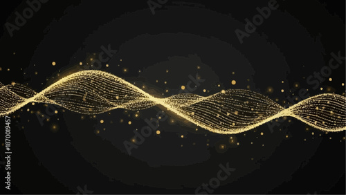 a golden wave pattern elegantly sweeps across a dark background illuminated by a scattering of shimmering glittering particles and