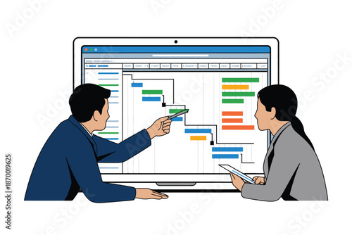 Business professionals collaborate, managing project tasks with modern.