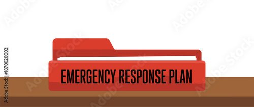 Red folder labeled Emergency Response Plan rests upon a brown surface.