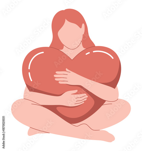 Woman embraces a large soft heart shape representing self-love.