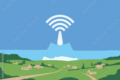 Wireless signal broadcasts over a stylized rural landscape with distant.