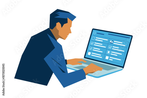 Businessman works diligently on a modern laptop displaying a detailed.