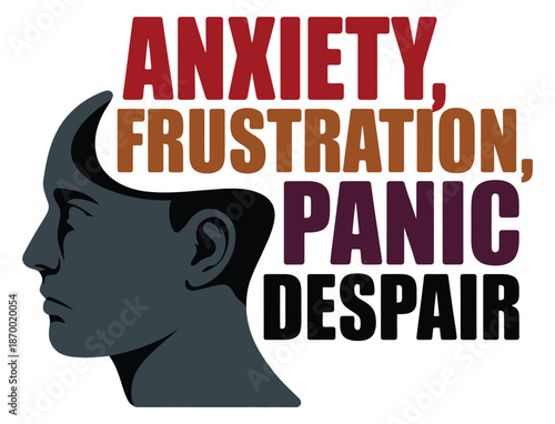 Profile silhouette displays negative emotional states like anxiety.