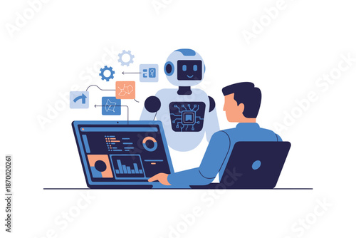 Technician collaborates with an intelligent robot analyzing complex.