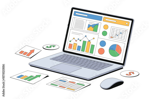 Laptop displays colorful analytical charts and graphs surrounded by.