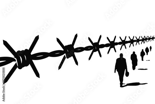 Silhouettes of people walk past a long stretch of sharp barbed wire.