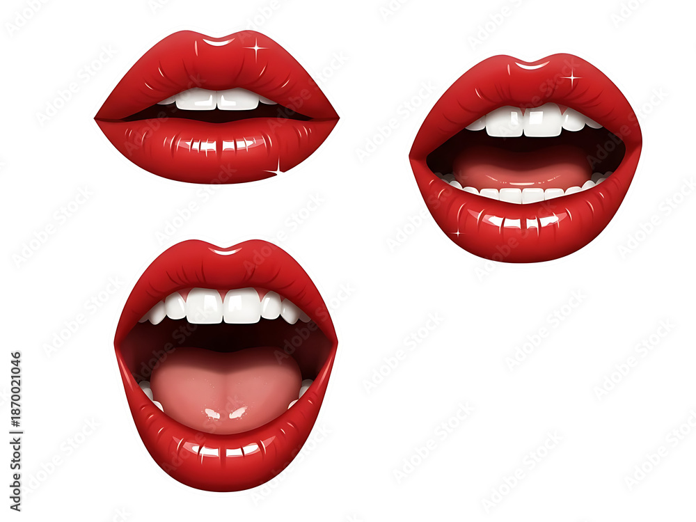 Obraz premium Trinity of Expression: Three Crimson Lips in Closed, Confident, and Open Emotion—A Study in Sensual Power