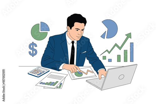 Businessman diligently analyzes financial data with charts and a laptop.