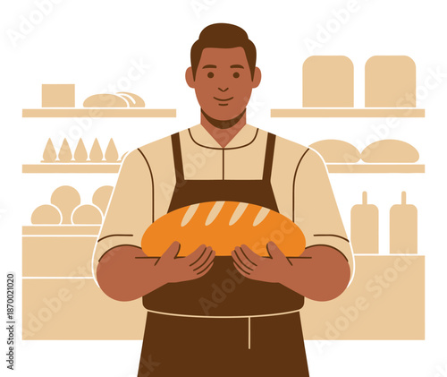 Baker holds fresh loaf of bread proudly in a stylized, warm tone bakery.
