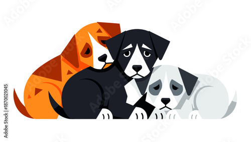 Three cartoon dogs cuddling together with sad expressions  