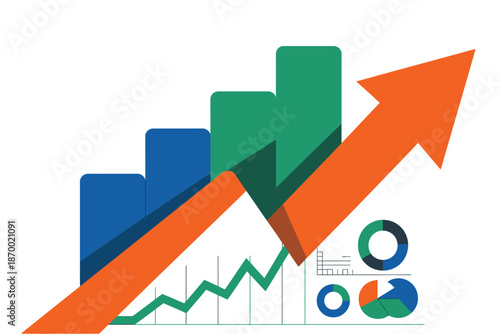 Growth is clearly depicted by an upward arrow with bar charts and pie.