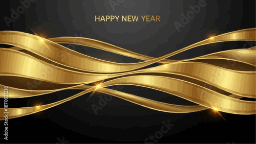 a luxurious new year celebration featuring flowing golden ribbons against a dark backdrop with sparkling lights and festive wishes