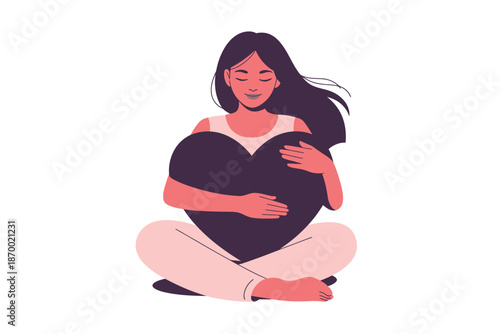 Woman hugs large dark heart sitting cross-legged showing deep self-love.