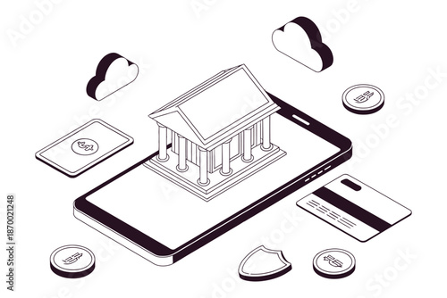 Isometric mobile phone displays classical bank building with digital.