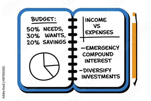 Notebook illustrates personal finance breakdown with budget pie chart.