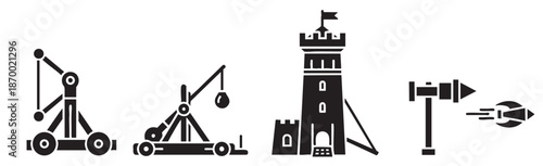 Black silhouette icons of medieval siege weapons, including a trebuchet, catapult, and battering ram, alongside a castle tower with a flag, symbolizing historical warfare and strategy.