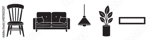 A collection of black silhouette icons representing furniture and decor items, including a chair, sofa, lamp, plant, and frame, on a white background.