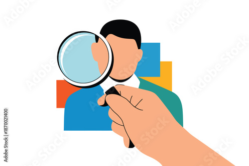 Oversized hand holds magnifying glass over an employee avatar profile.