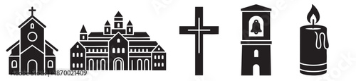 A minimalist black and white collection of religious symbols including a church, a cross, a bell tower, and a lit candle, perfect for design projects related to faith and spirituality.